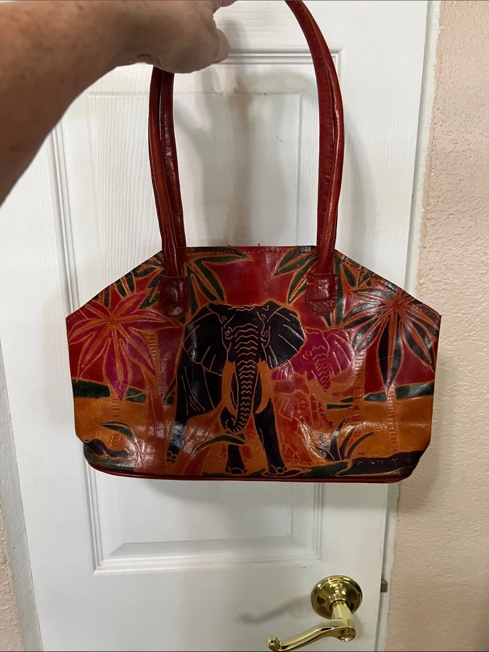 Vintage MTC 1992 Hand-Painted Red Elephant Leather Tote